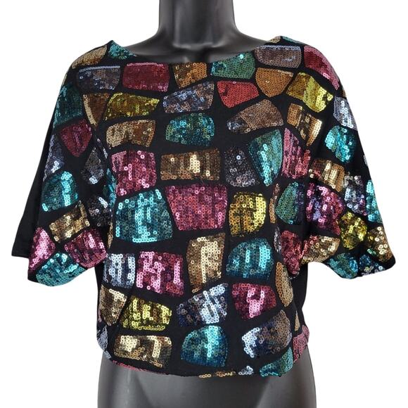 Poof Couture Cropped Multi Color Sequin Blouse Size S - Picture 3 of 6